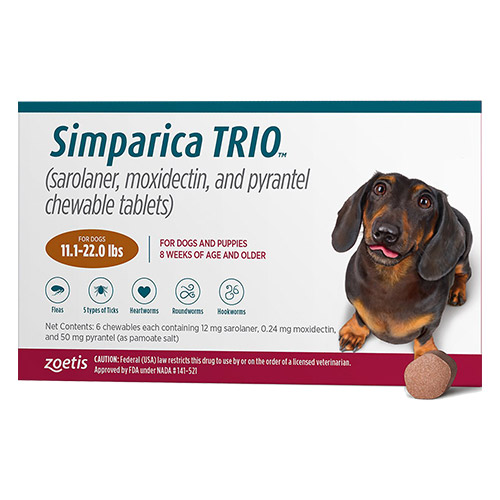 Simparica Trio For Dogs 11.1-22 Lbs (Caramel) 6 Chews